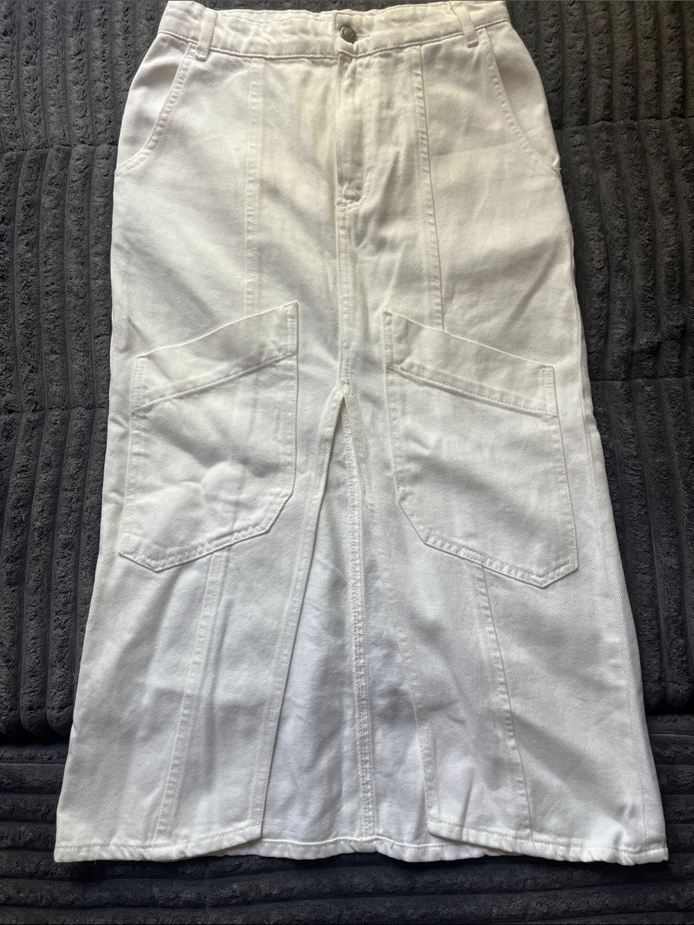 Zara White Denim Midi Slit front Skirt with Front Patch Pockets